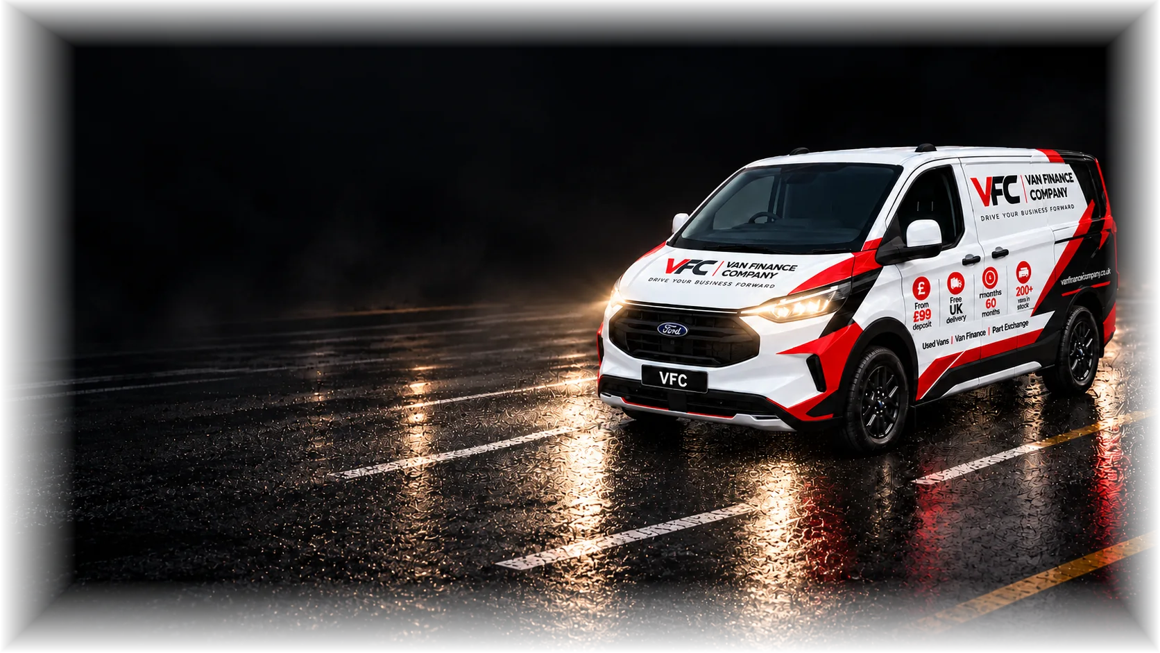 White Van Finance Company Ford Transit Custom parked naturally on a wet road